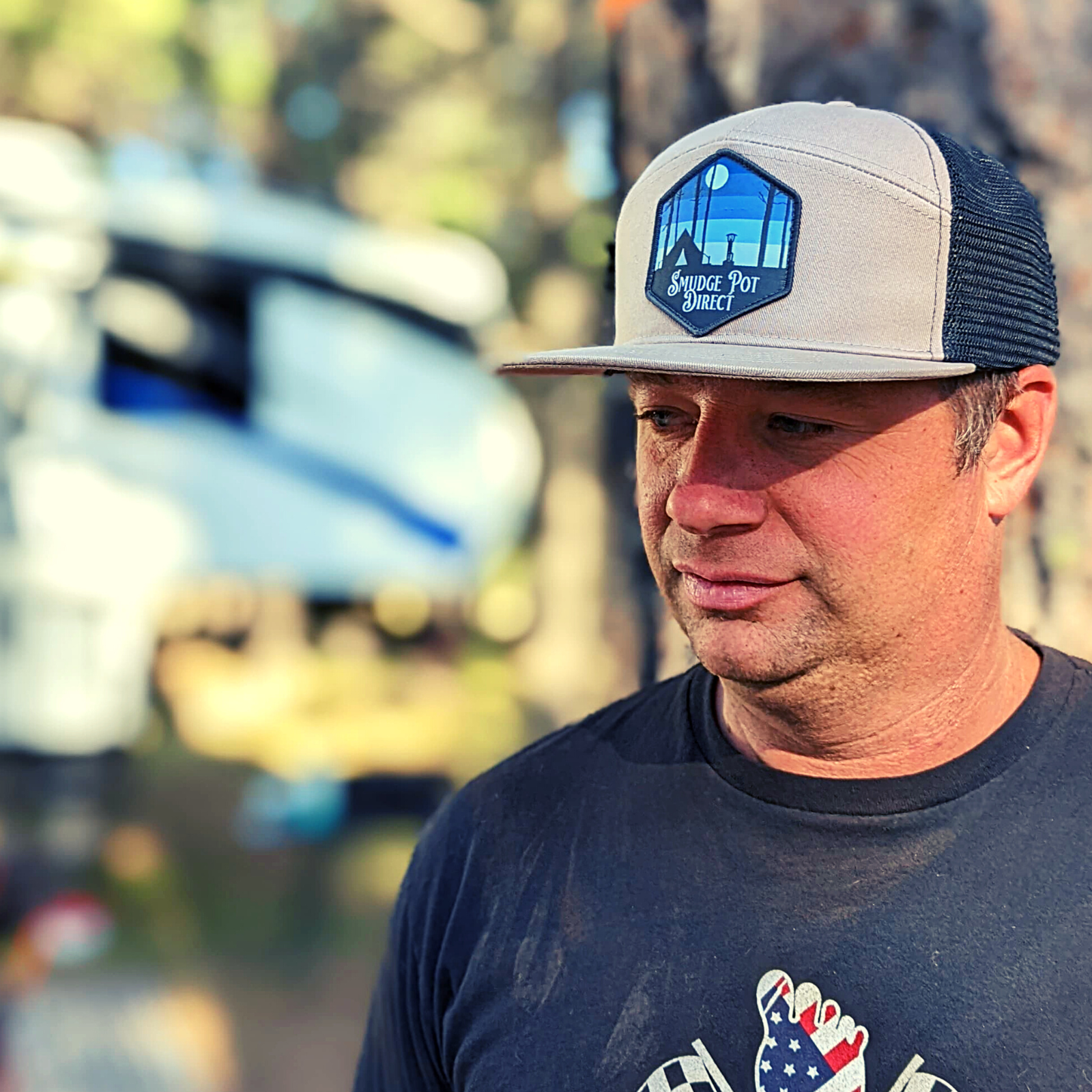 Blue Camping Patch-7 Panel Trucker Hat